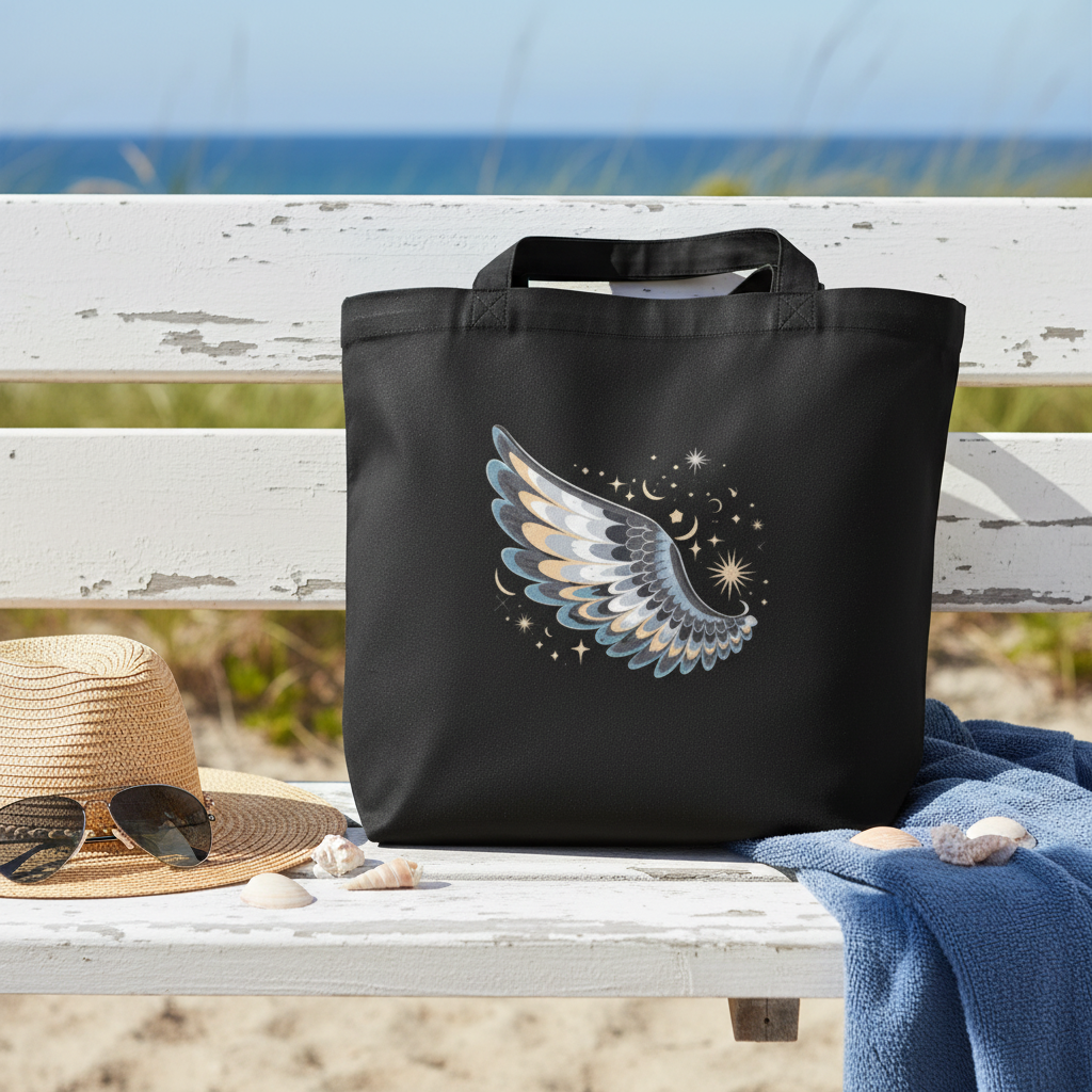Night Wing tote bag on beach house bench with coastal accessories