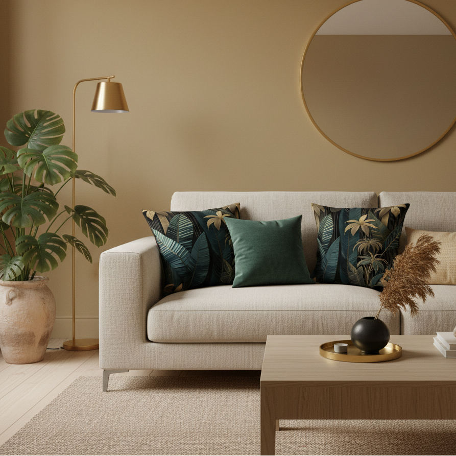 living room like focal point with dark green and gold floral pillows. Dark jungle collection 
