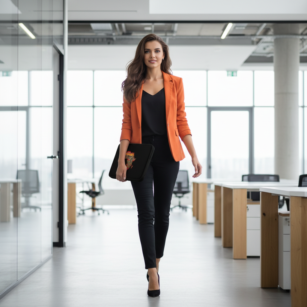 Orange blazer black pants Africa laptop sleeve office professional