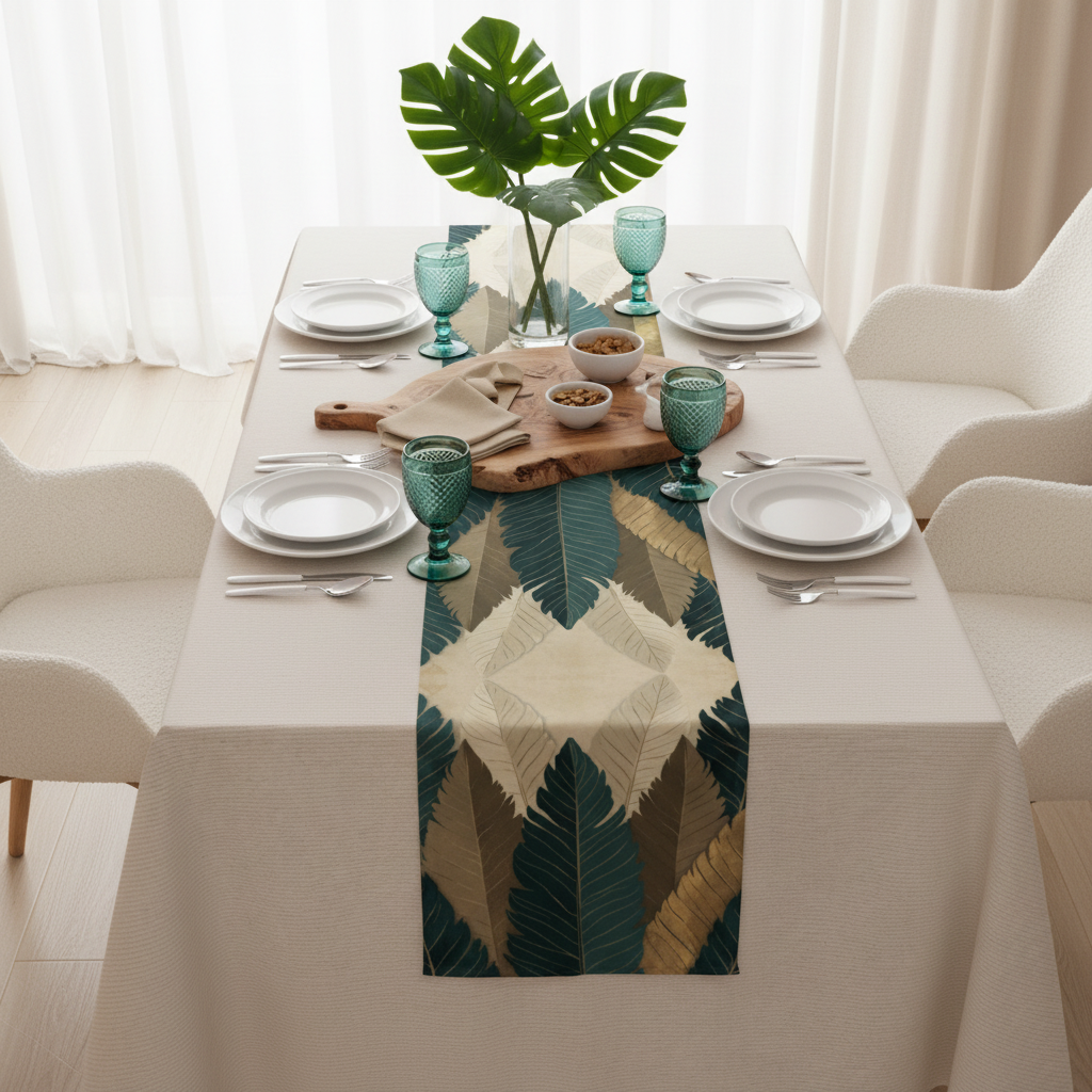 Overhead shot of farmhouse table with botanical runner and teal glassware