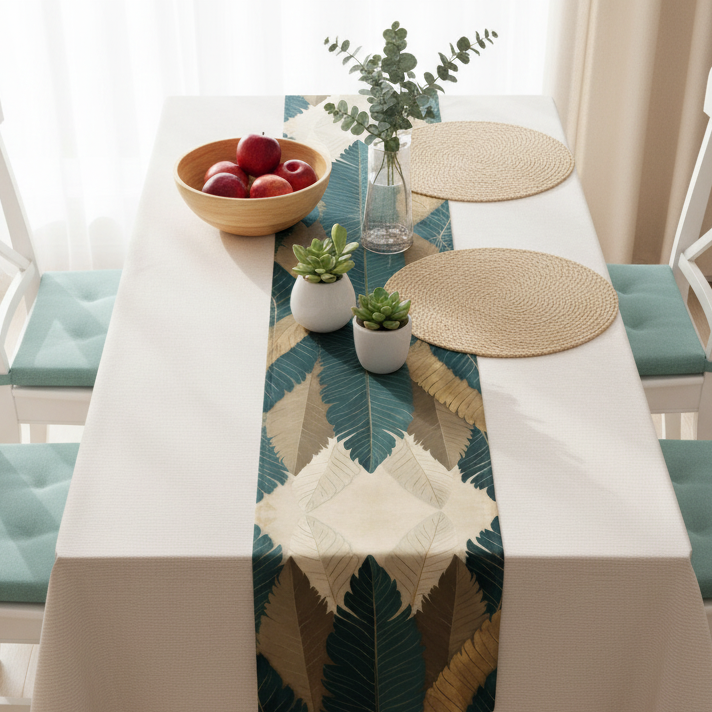 Overhead view of coastal table with botanical runner and teal beige coordinated decor