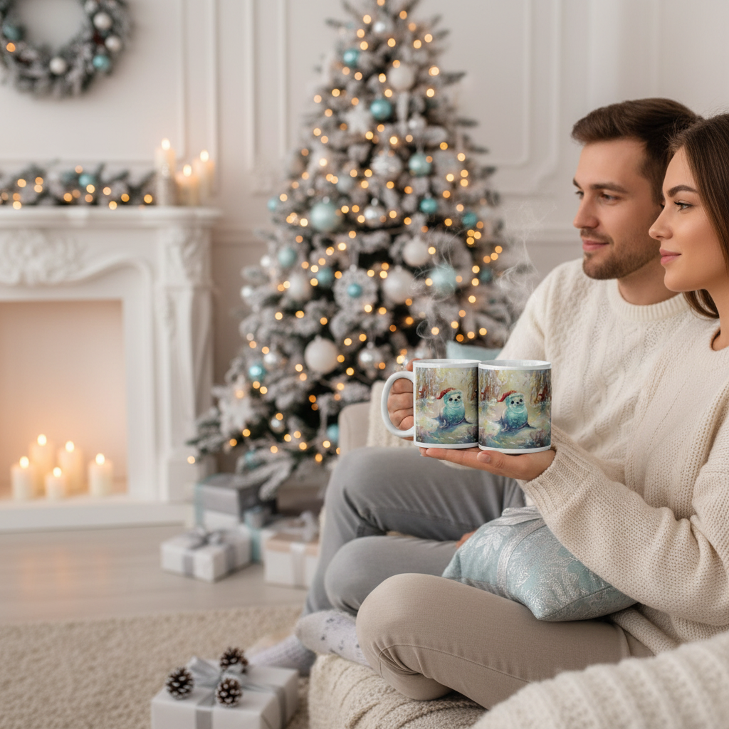 Pár v útulné vánočně vyzdobené místnosti s hrnečky