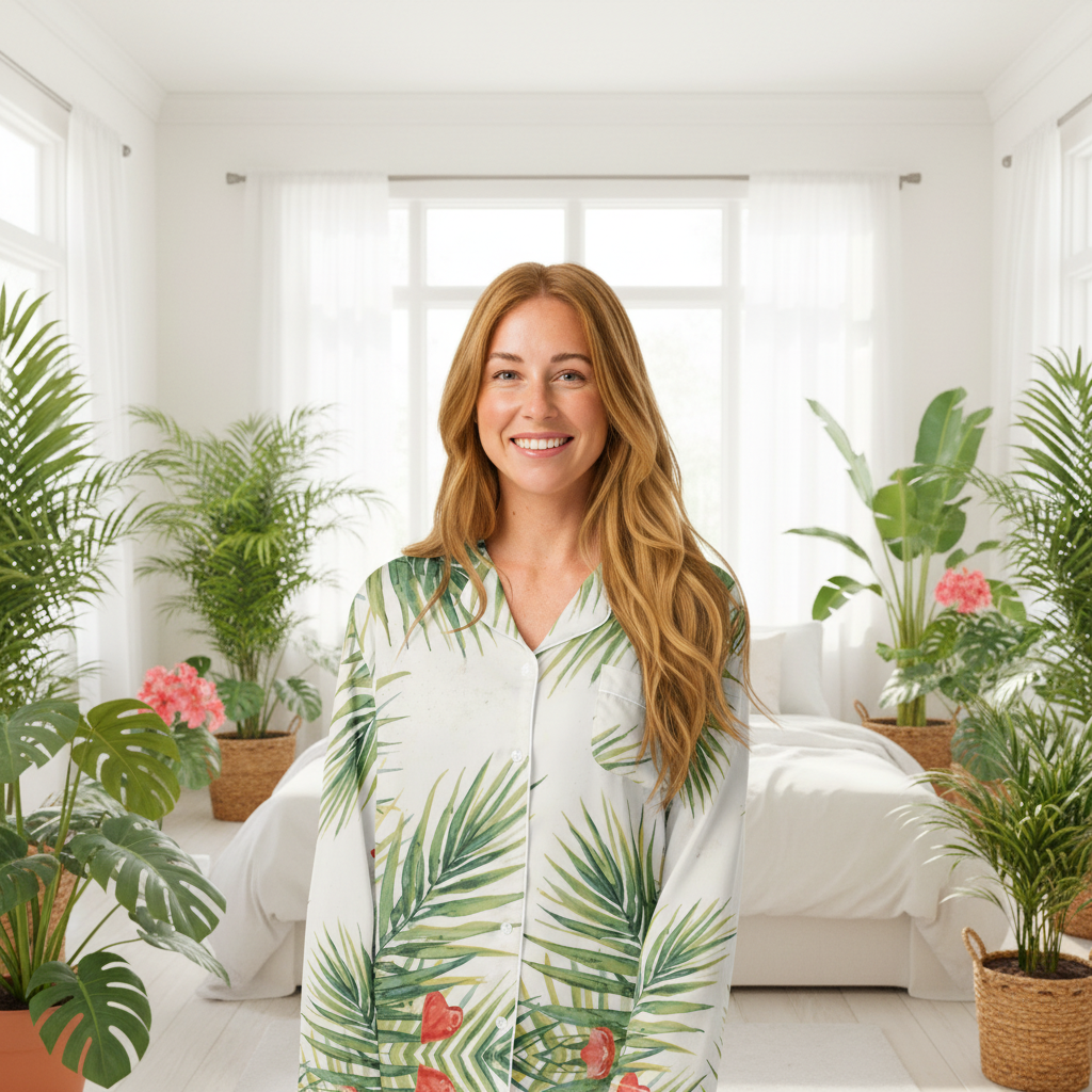Palm Leaves Hearts Pajama - Blonde Woman Light Bedroom
