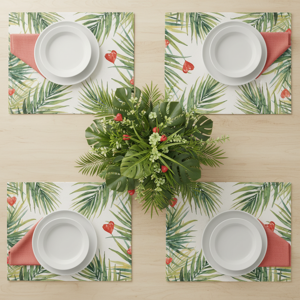 Palm Leaves Hearts Placemat Set - All Four Overhead
