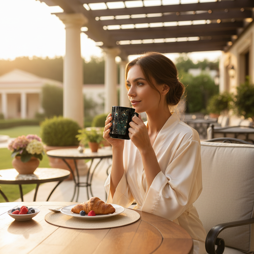 Patio terasa s pávím hrnkem