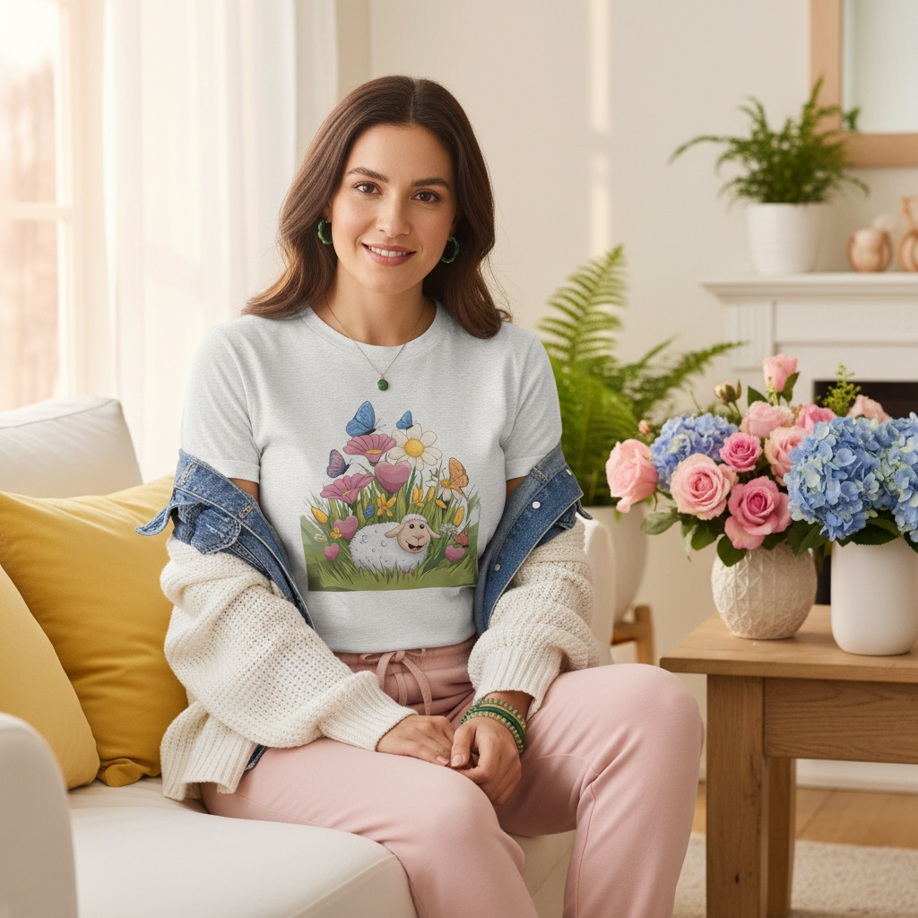 Peaceful woman in ash grey tee with white cardigan, pink joggers and blue jacket in cozy pastel living room with mixed spring flowers