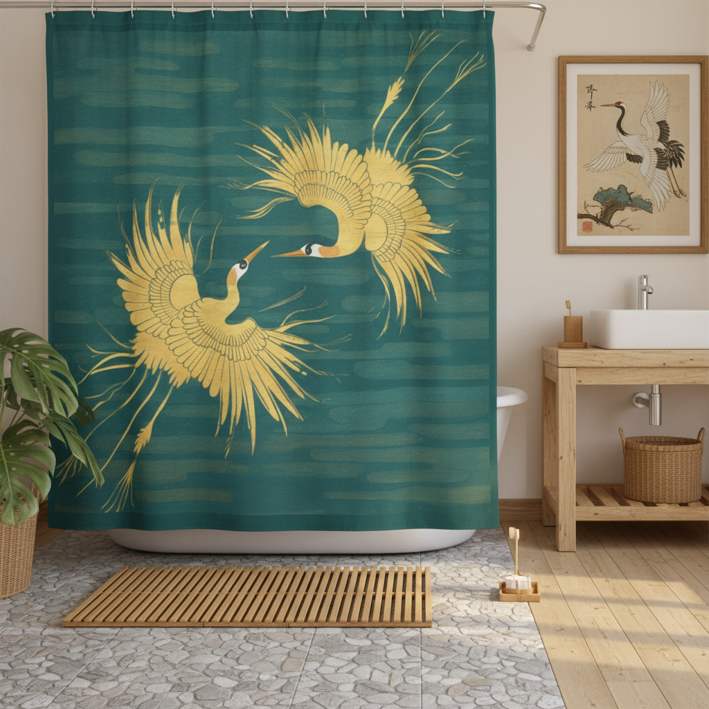Peaceful zen bathroom with teal gold crane shower curtain bamboo accessories and traditional crane painting