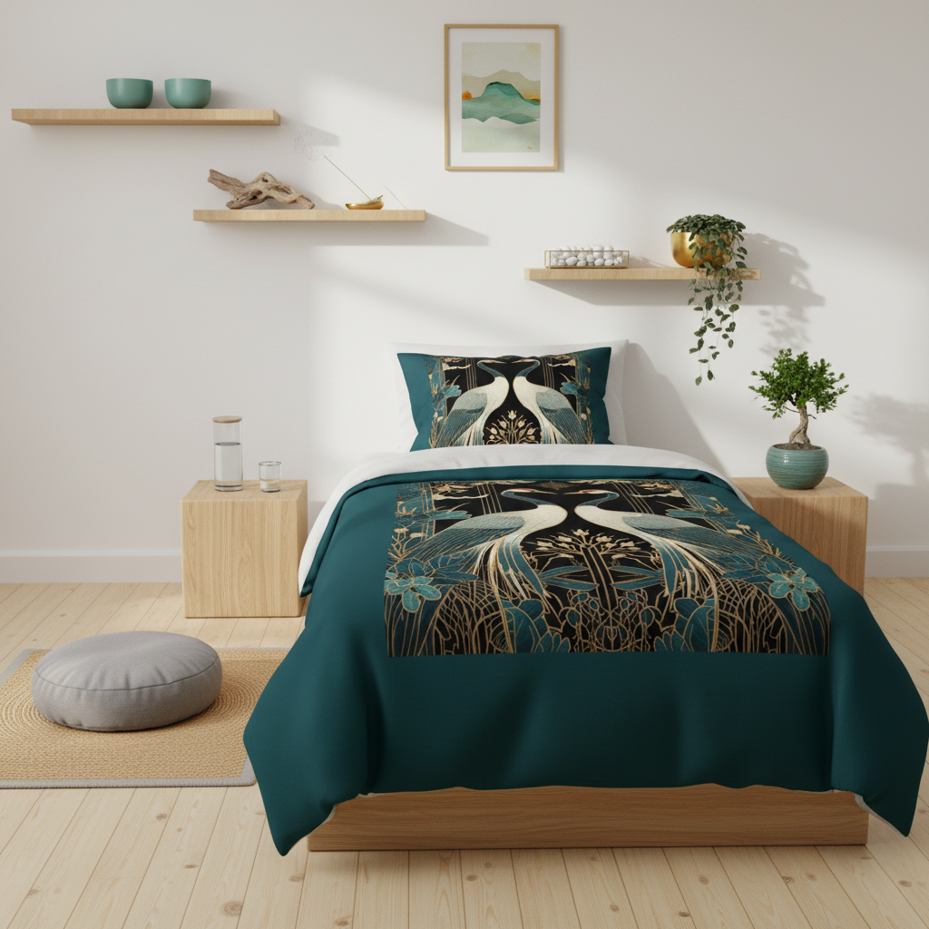 Peaceful zen bedroom twin bed with meditation elements