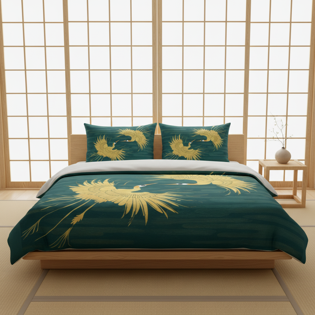 Peaceful zen bedroom with teal and gold crane duvet cover and Japanese minimalist style