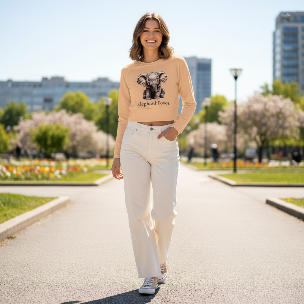 Peach beige elephant crop top cream jeans beige sneakers park casual chic