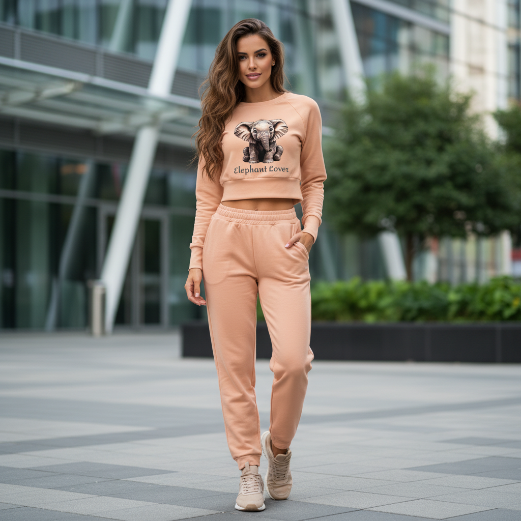 Peach beige elephant crop top matching beige track pants beige sneakers athleisure