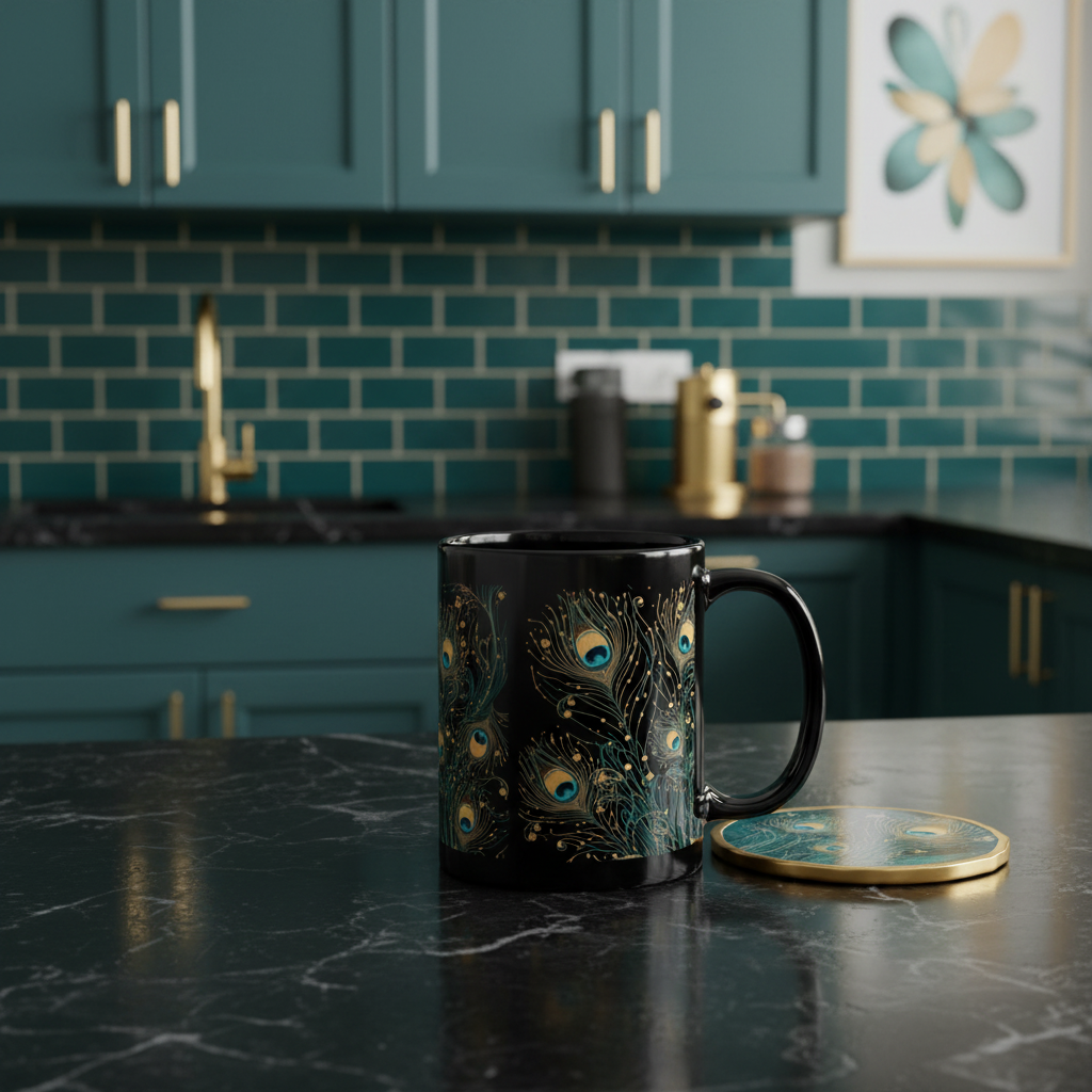 Peacock feather mug in coordinated teal kitchen