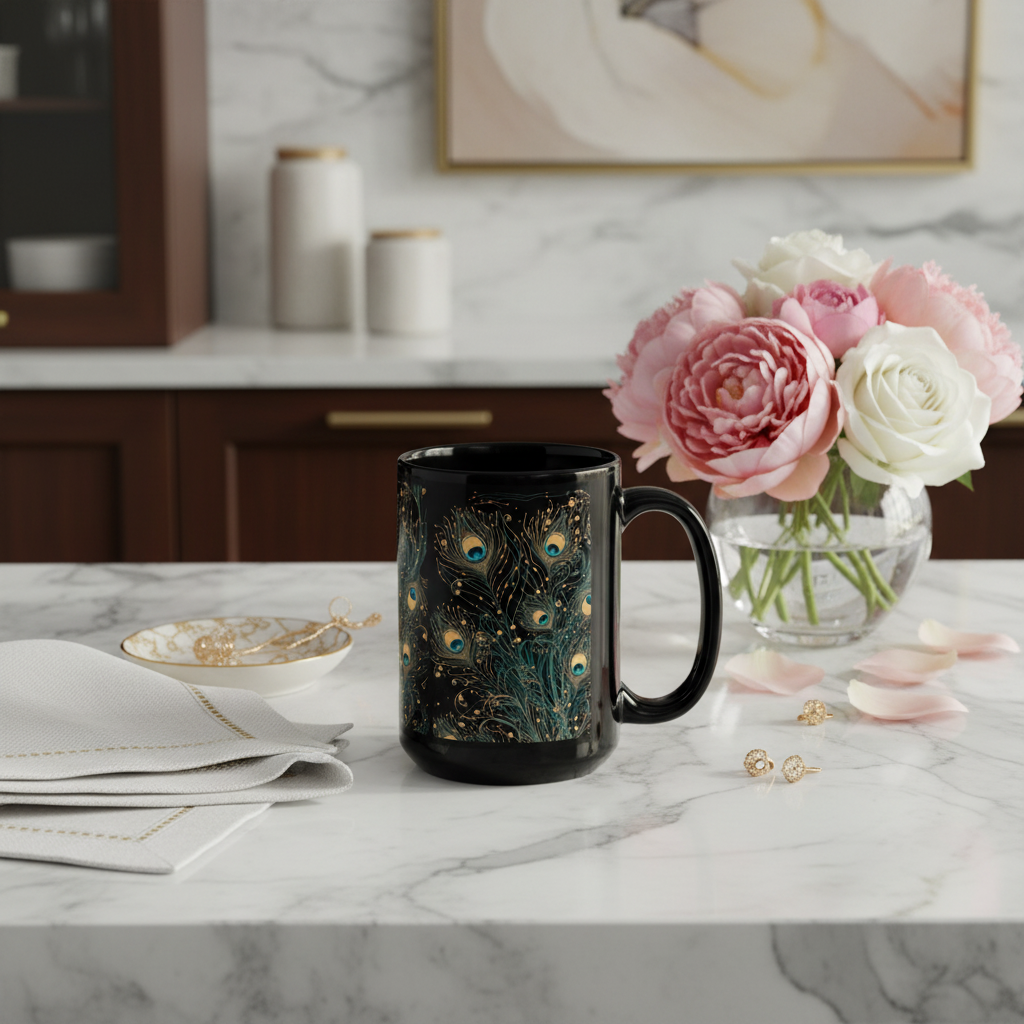 Peacock mug styled on marble counter