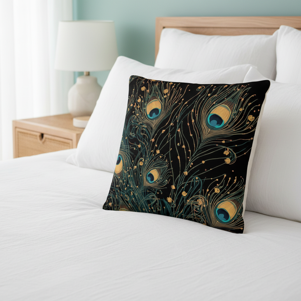 Peacock pillow in coastal bedroom