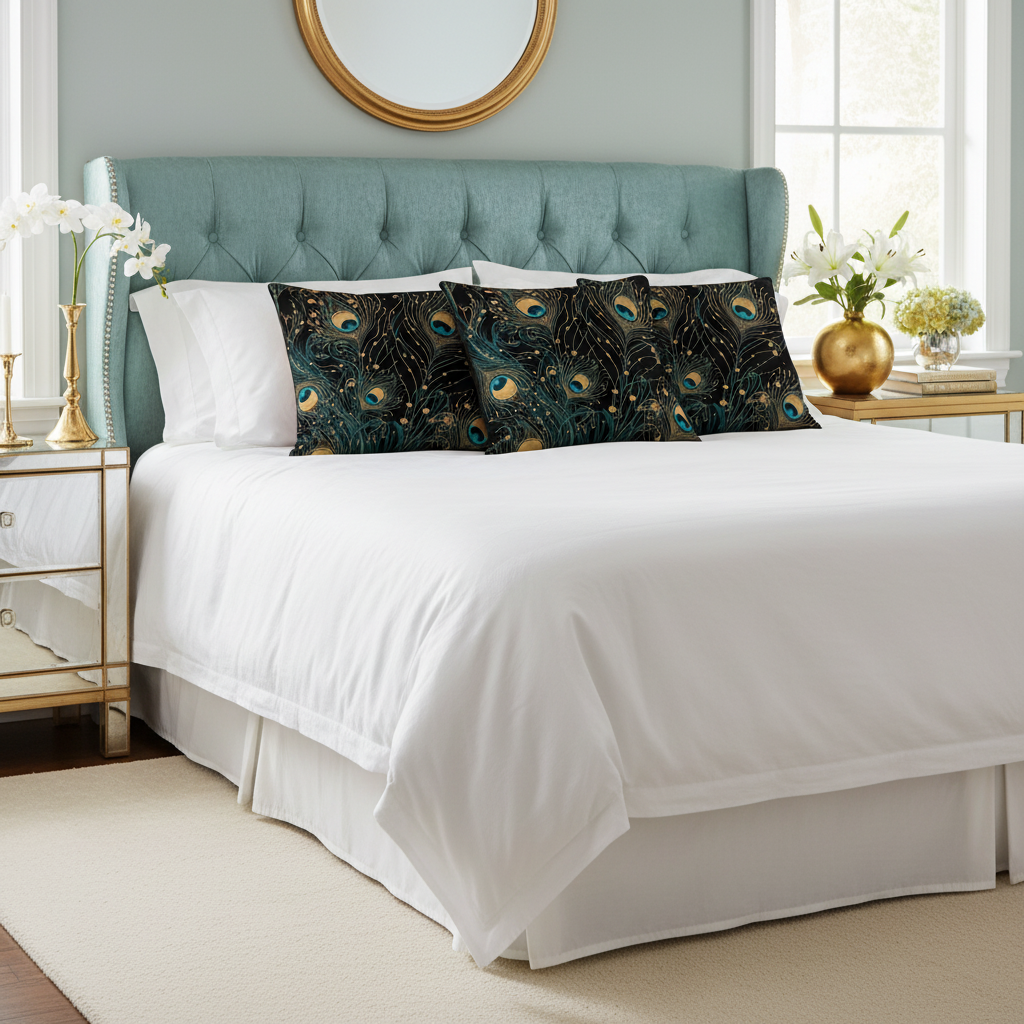 Peacock pillows glamour bedroom