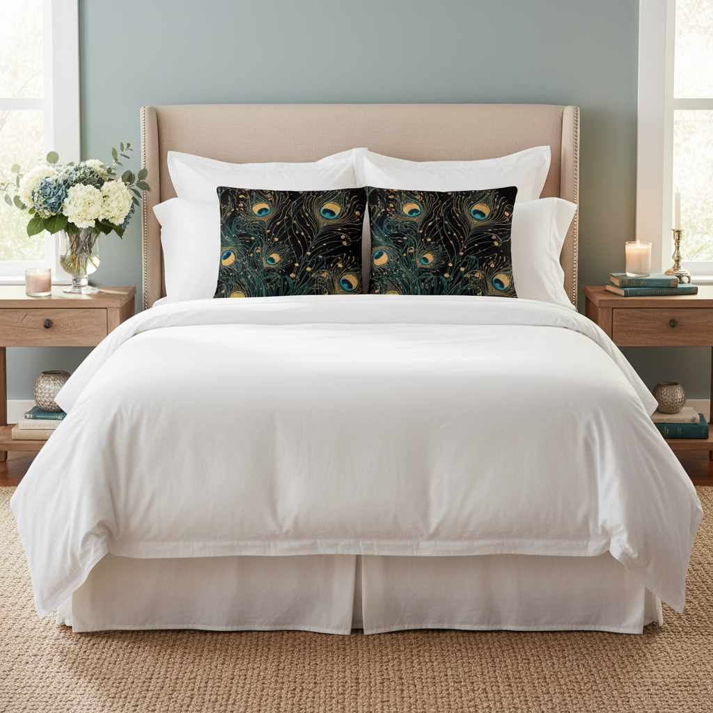 Peacock pillows on bed