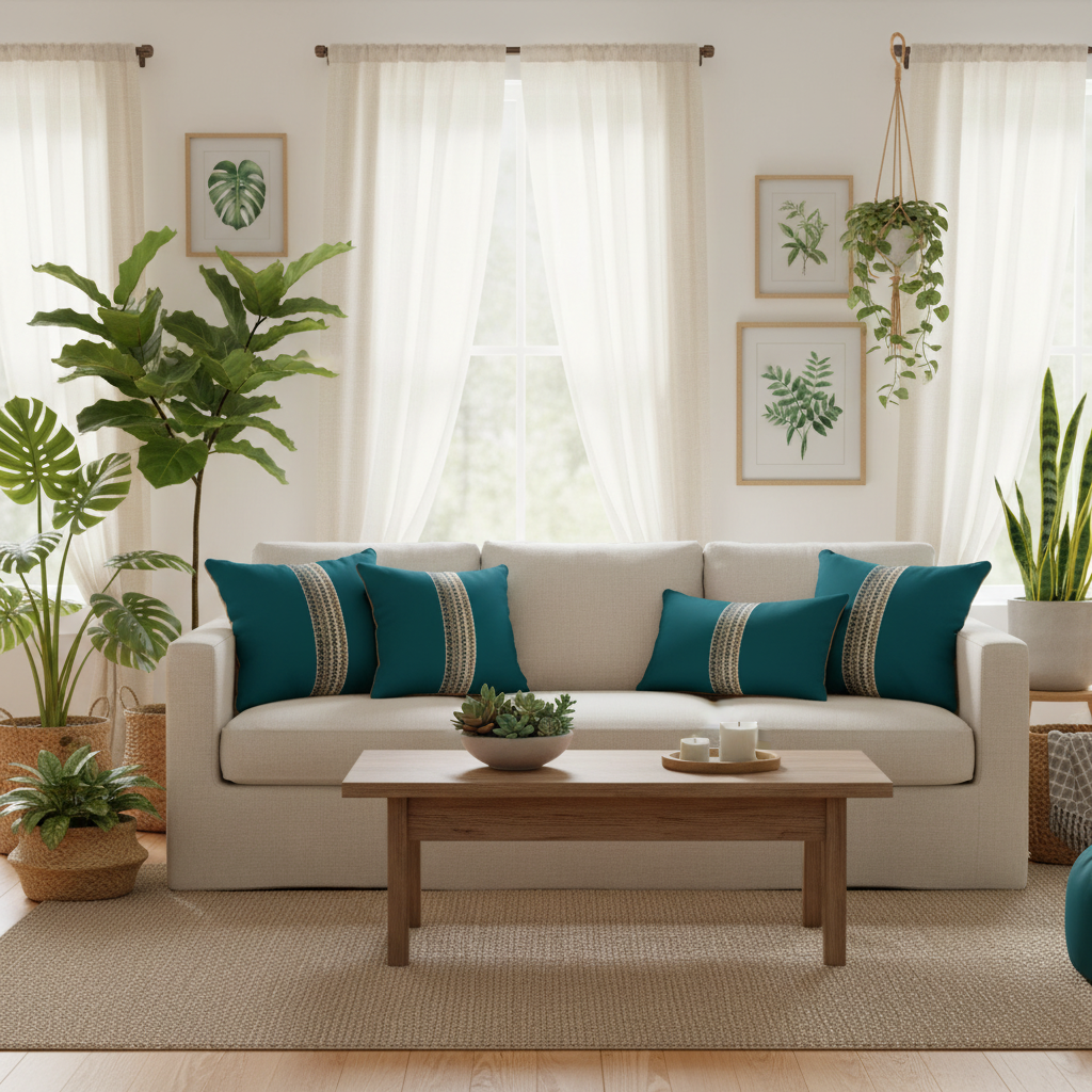 Plant-filled coastal living room with teal pillows
