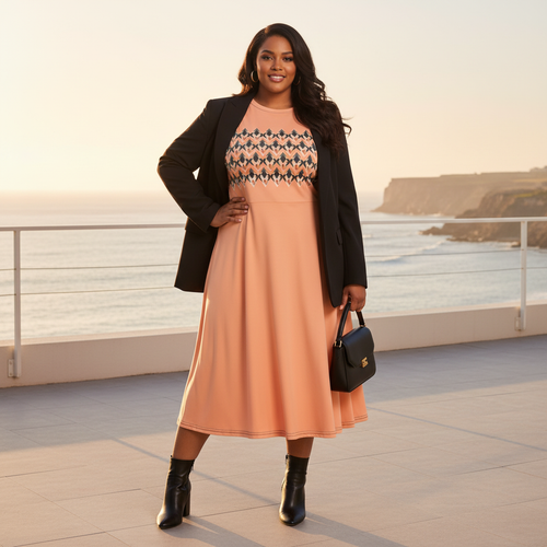 Plus-size woman in peach dress with black blazer