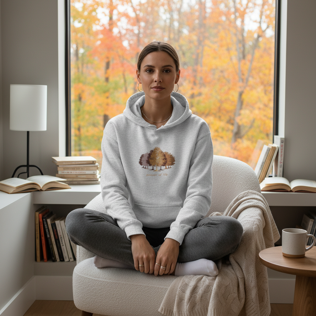 Positive woman wearing ash grey power of life hoodie with charcoal outfit in modern reading nook