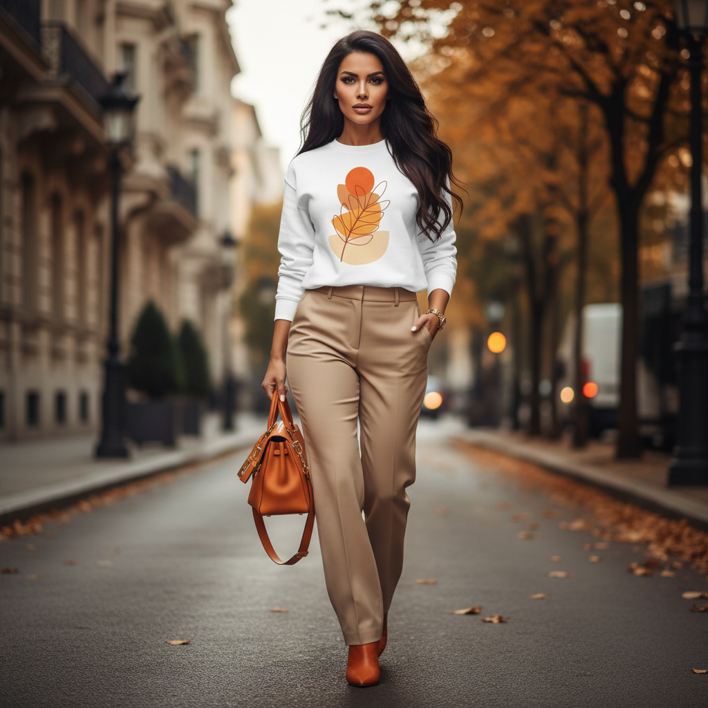 Powerful dark hair woman white autumn leaf sweatshirt beige wide-leg trousers orange boots orange designer bag luxury
