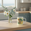 Prominent close-up of floral mug in coastal kitchen setting
