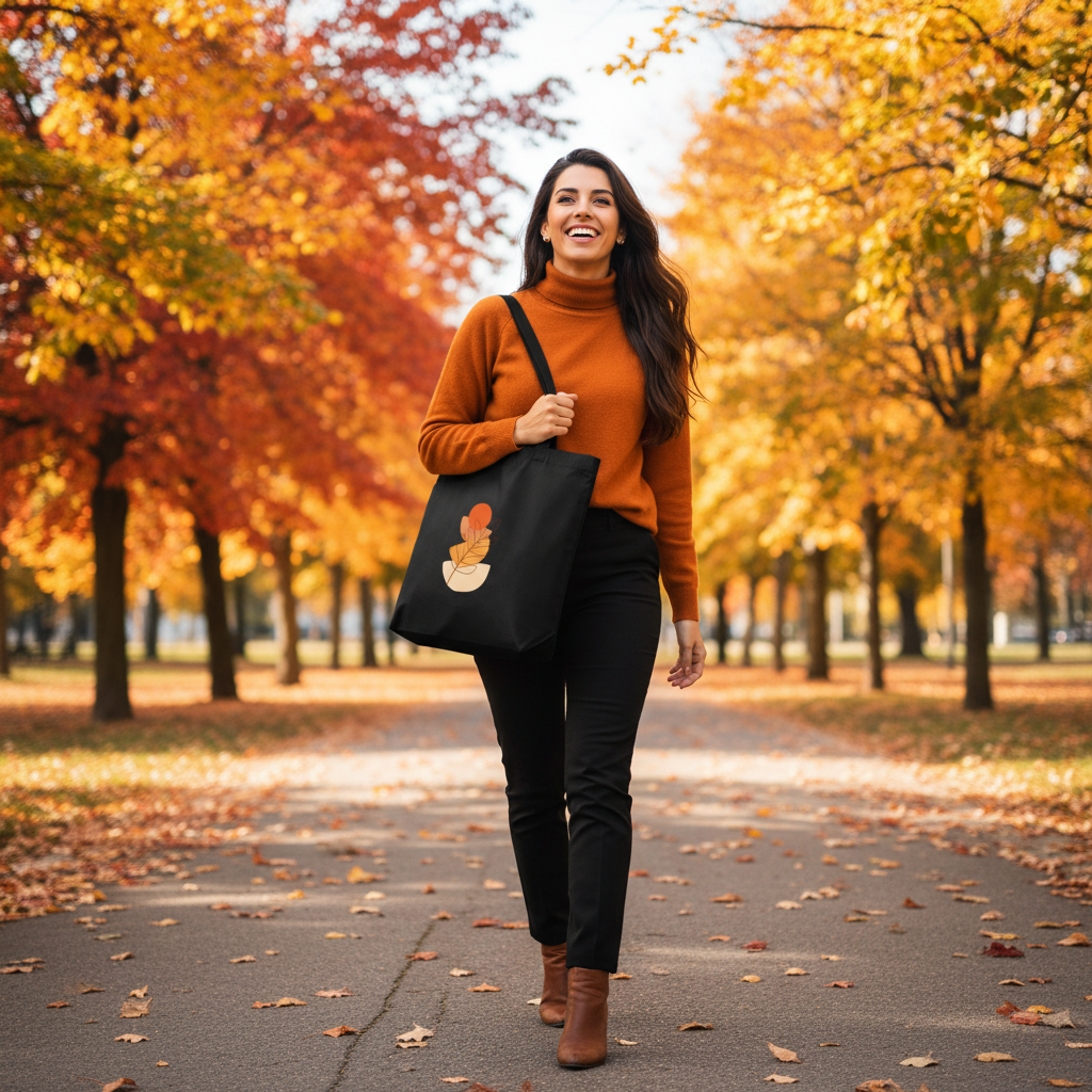 Radiant cheerful dark hair woman orange turtleneck black trousers cognac boots black autumn tote bag city park fall foliage vibrant