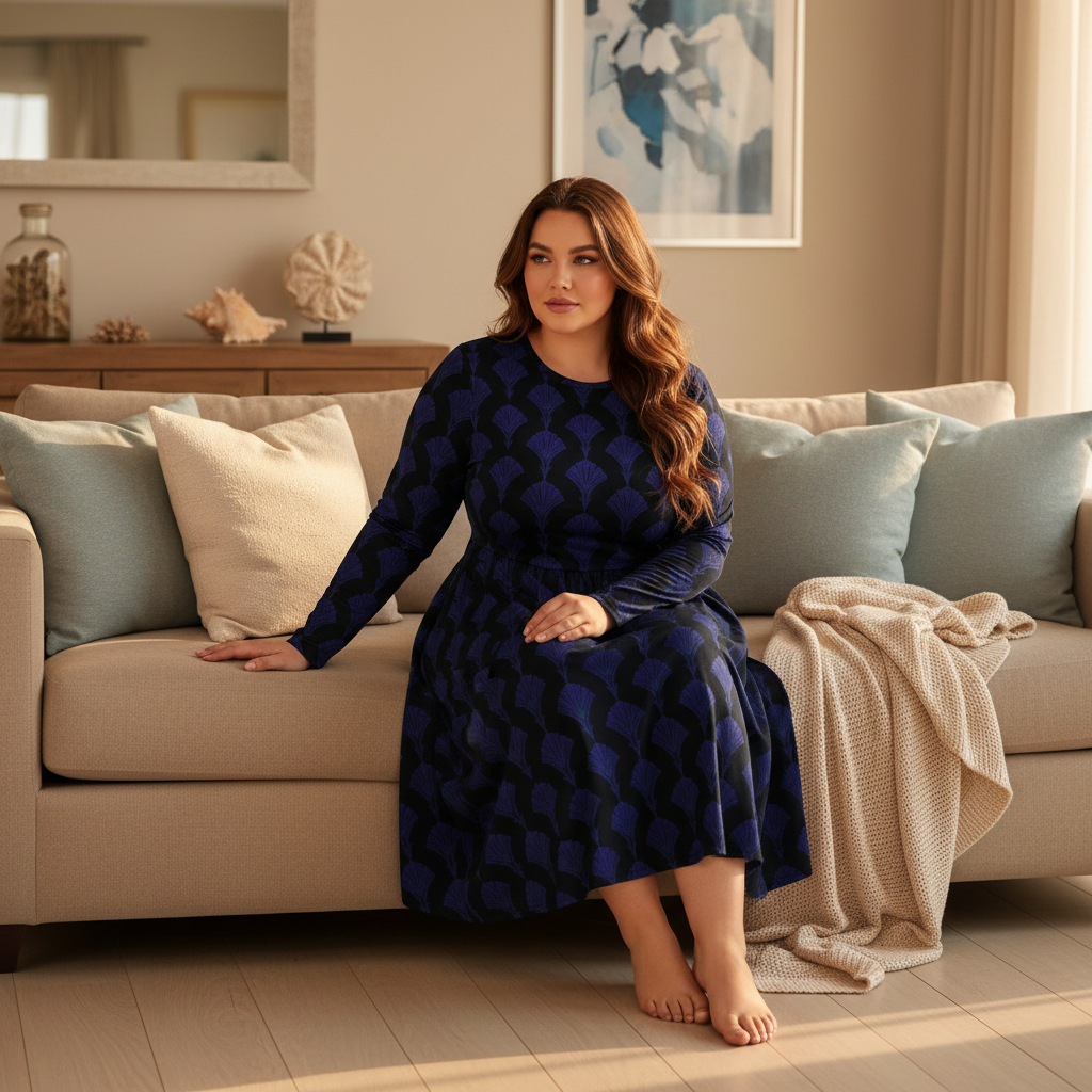 Radiant strong plus-size woman 4XL in deep blue and black long sleeve midi dress in luxurious cozy living room