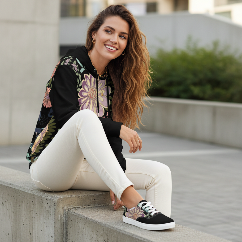 Radiant woman in black floral hoodie with white jeans and matching floral canvas shoes