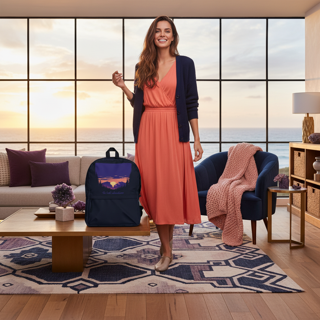Radiant woman in coastal living space with geometric patterns