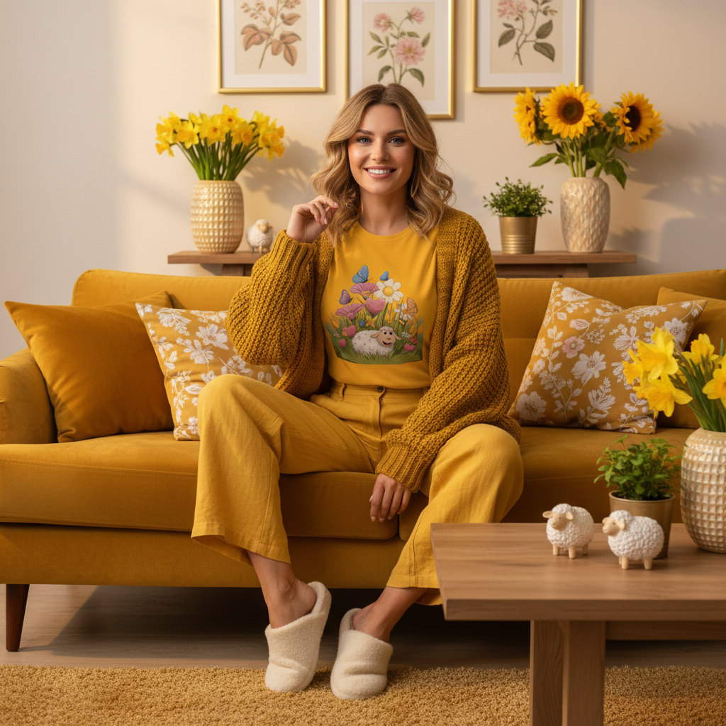 Radiant woman in golden yellow monochrome outfit with spring sheep tee in warm sunny living room with daffodils and sunflowers
