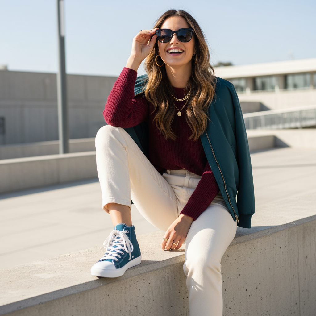 Radiant woman in white jeans burgundy sweater and teal bomber with teal high-tops