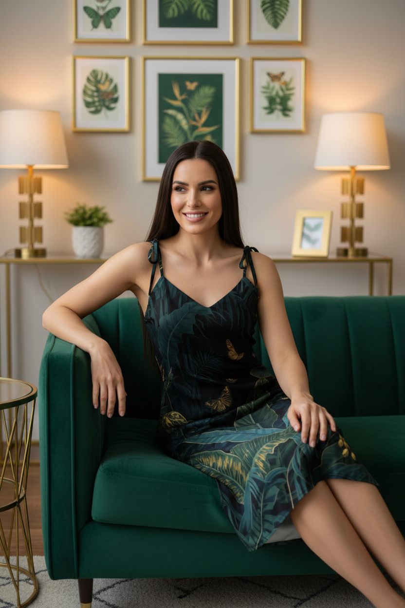 Radiant woman on emerald velvet sofa in elegant interior