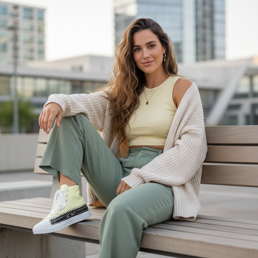 Radiant woman with long hair in mint trousers yellow crop top cream cardigan with yellow shoes