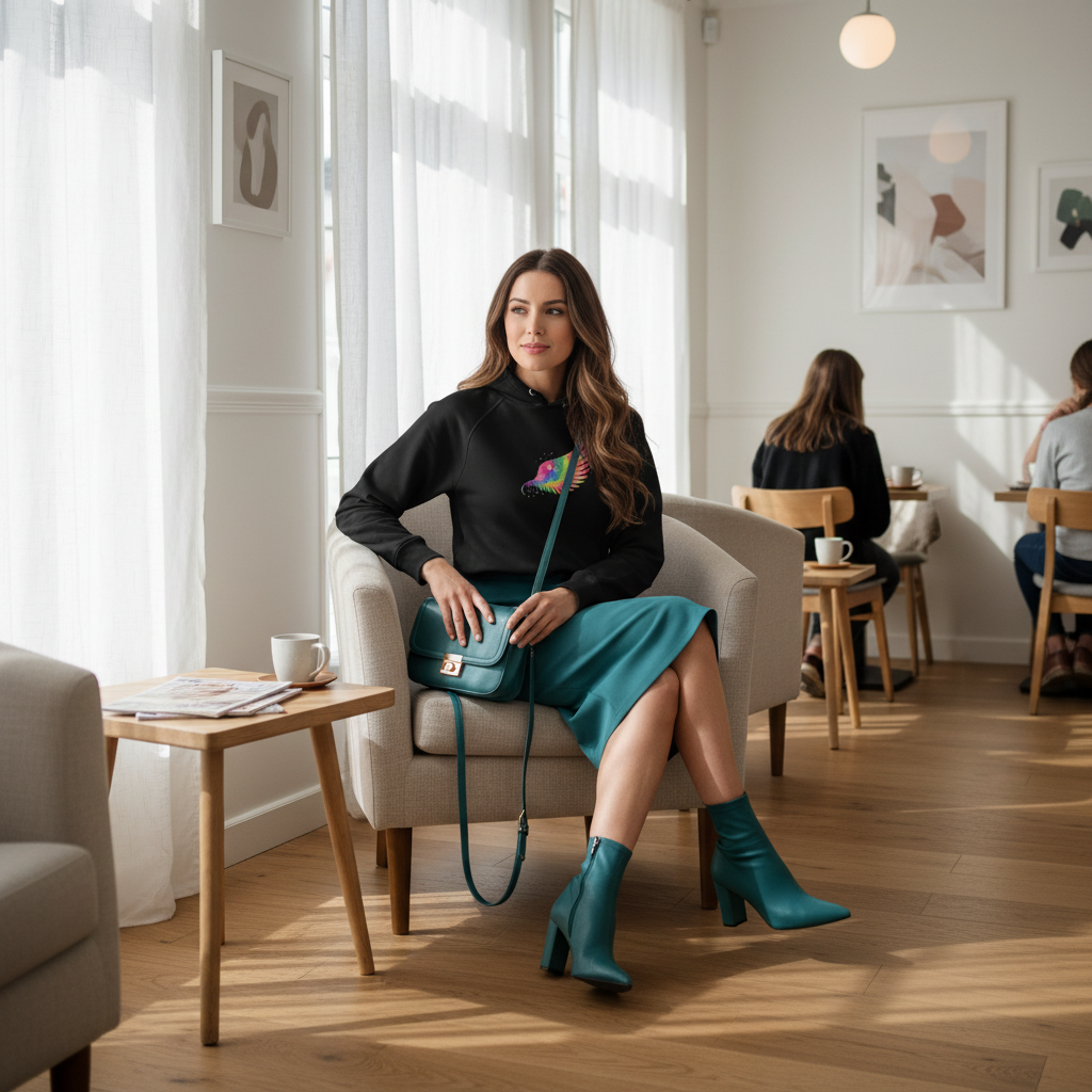 Radiant woman with long hair in teal outfit sitting in warm sunny cafe with artwork and flowing curtains