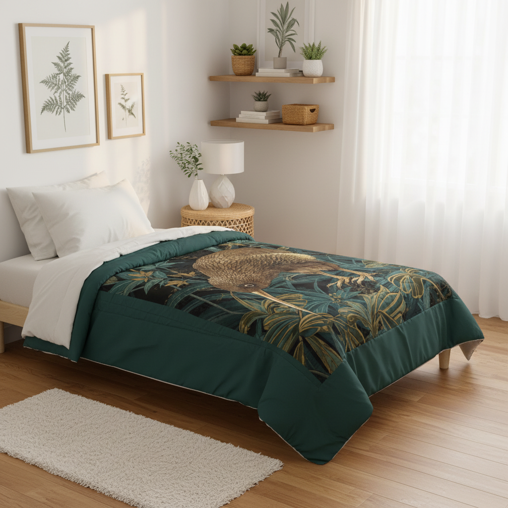 Raised angle view of premium kiwi bird comforter in cozy bedroom with botanical prints and warm lighting