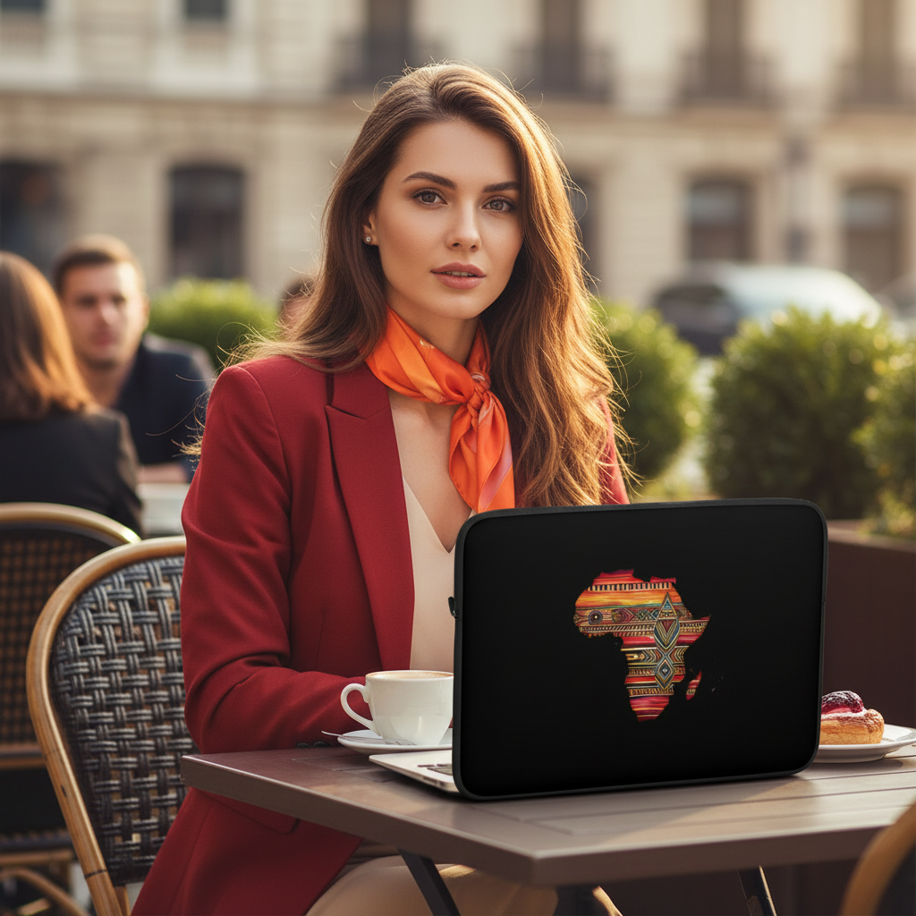 Red blazer orange scarf Africa laptop outdoor cafe sophisticated