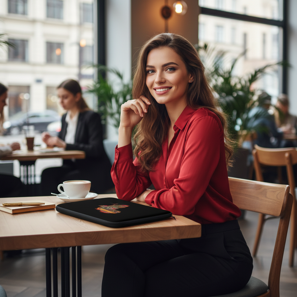 Red blouse black trousers Africa laptop cafe elegant