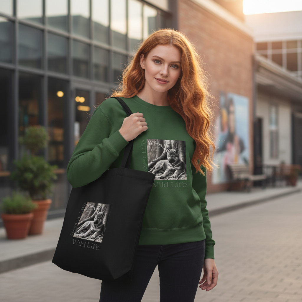 Red haired woman forest green wolf sweatshirt black pants wolf tote bag urban
