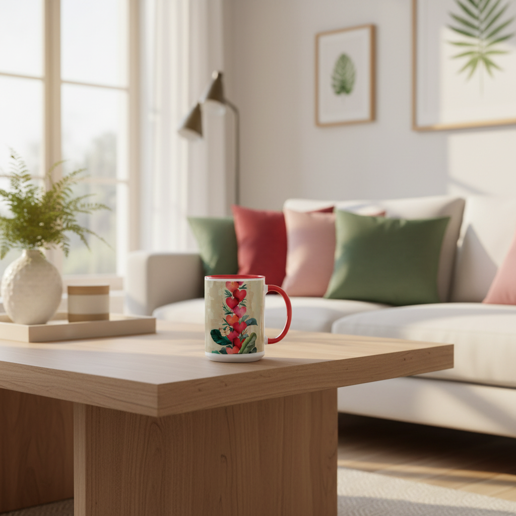 Red hearts mug in living room
