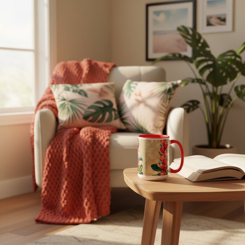 Red hearts mug in reading nook