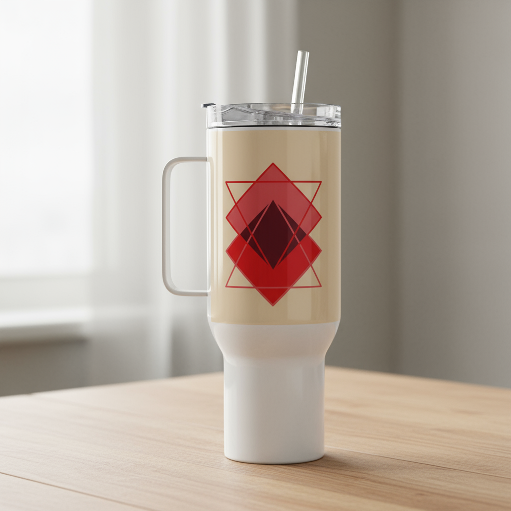 Travel Mug with Handle Red Squares - Geometric Coffee Cup