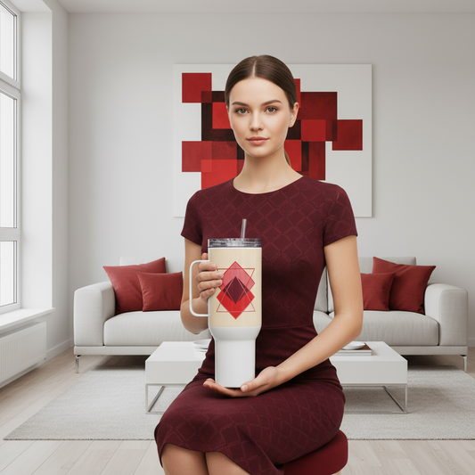 Travel Mug with Handle Red Squares - Geometric Coffee Cup