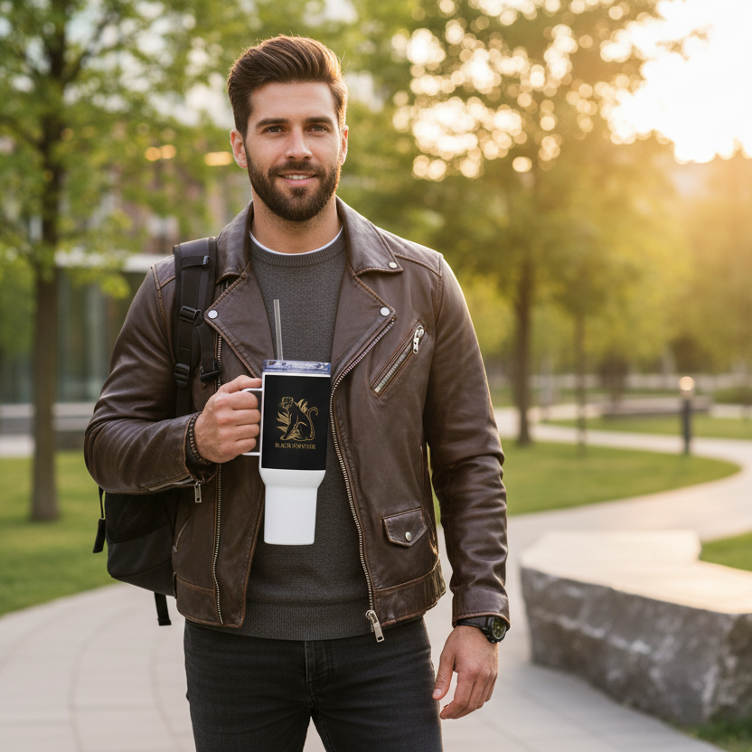 Ruggedly handsome adventurous man with modern style holding white Black Panther travel mug