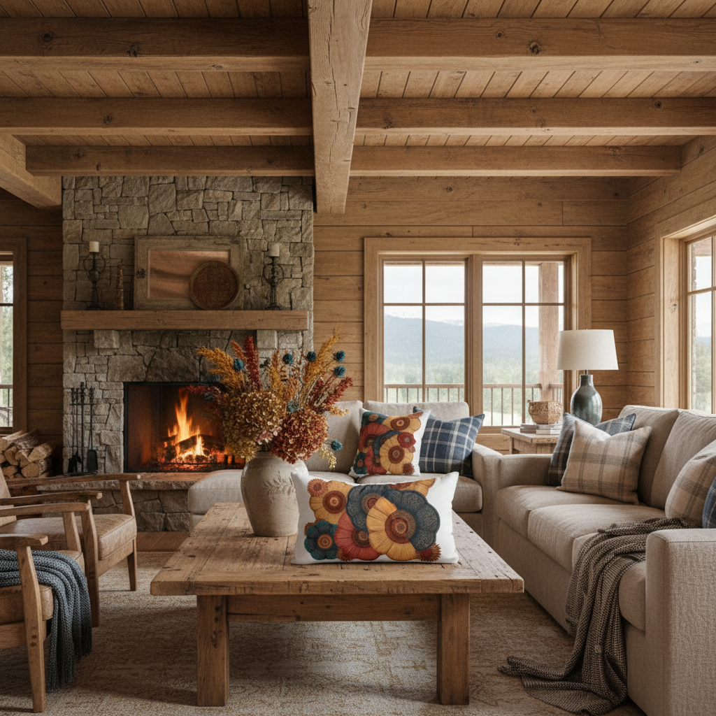 Rustic farmhouse living room with pillows