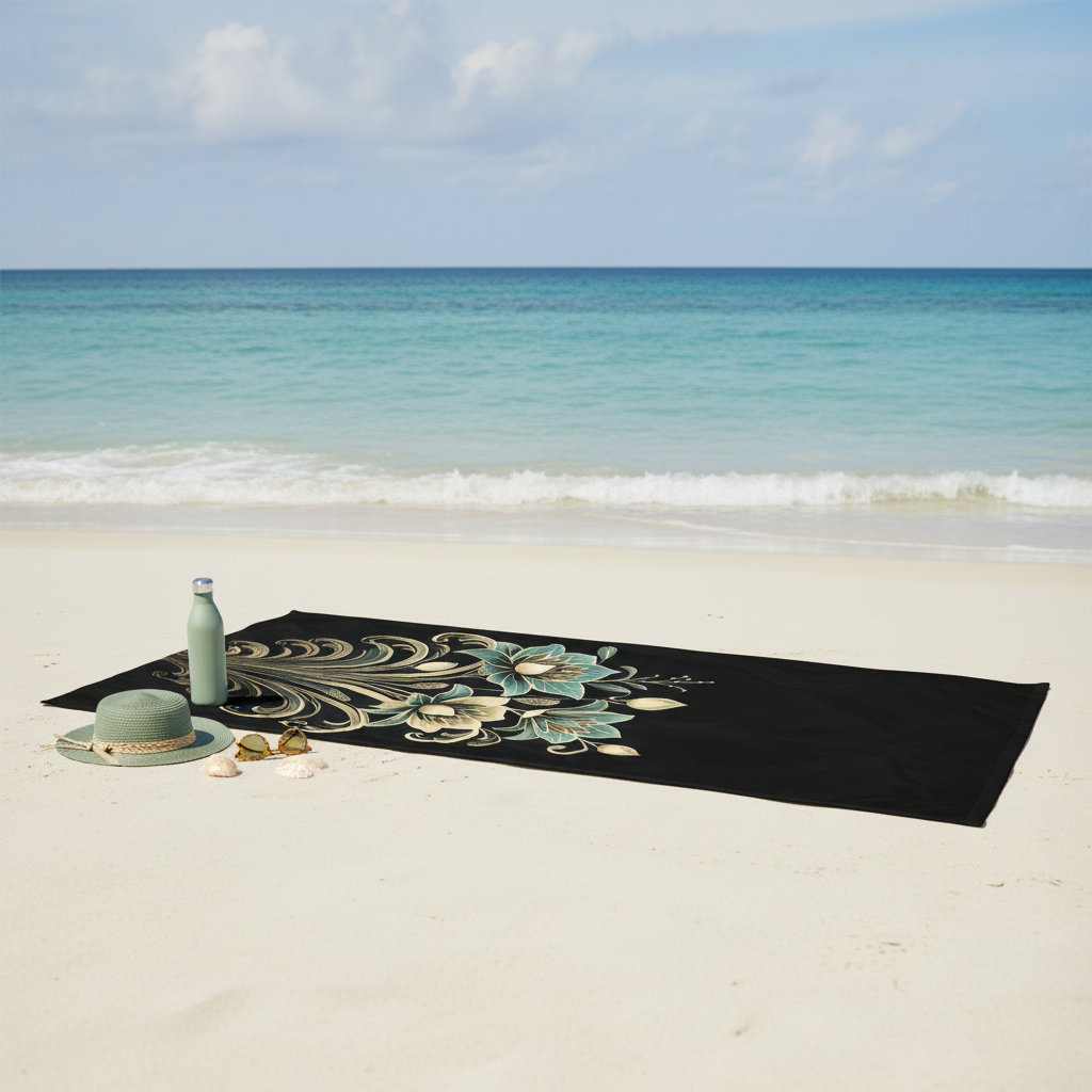 Sage green and gold botanical beach towel on white sand showing complete ornamental floral design, turquoise ocean