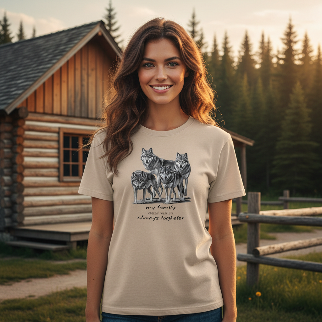 Sand wolf pack t-shirt brown haired woman Canadian log cabin