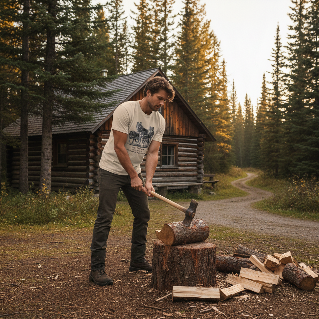 Sand wolf pack t-shirt light brown man firewood log cabin