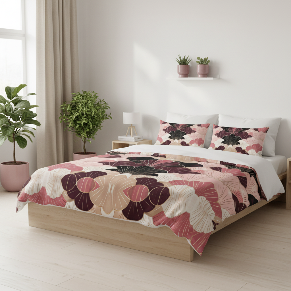 Scandinavian minimalist queen bedroom with art deco fan duvet cover in burgundy beige pink, white walls, natural wood, green plants, beige curtains, burgundy pillows, pink planters