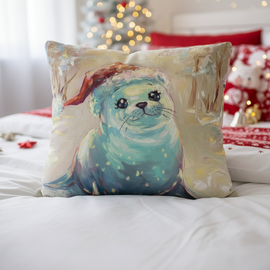 Coussin basique mignon phoque avec bonnet de Père Noël