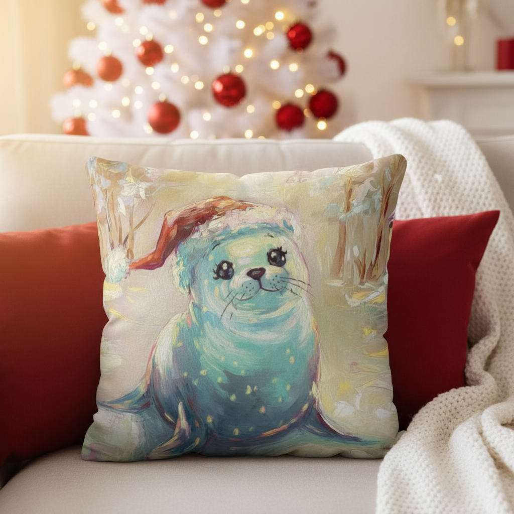 Coussin basique mignon phoque avec bonnet de Père Noël